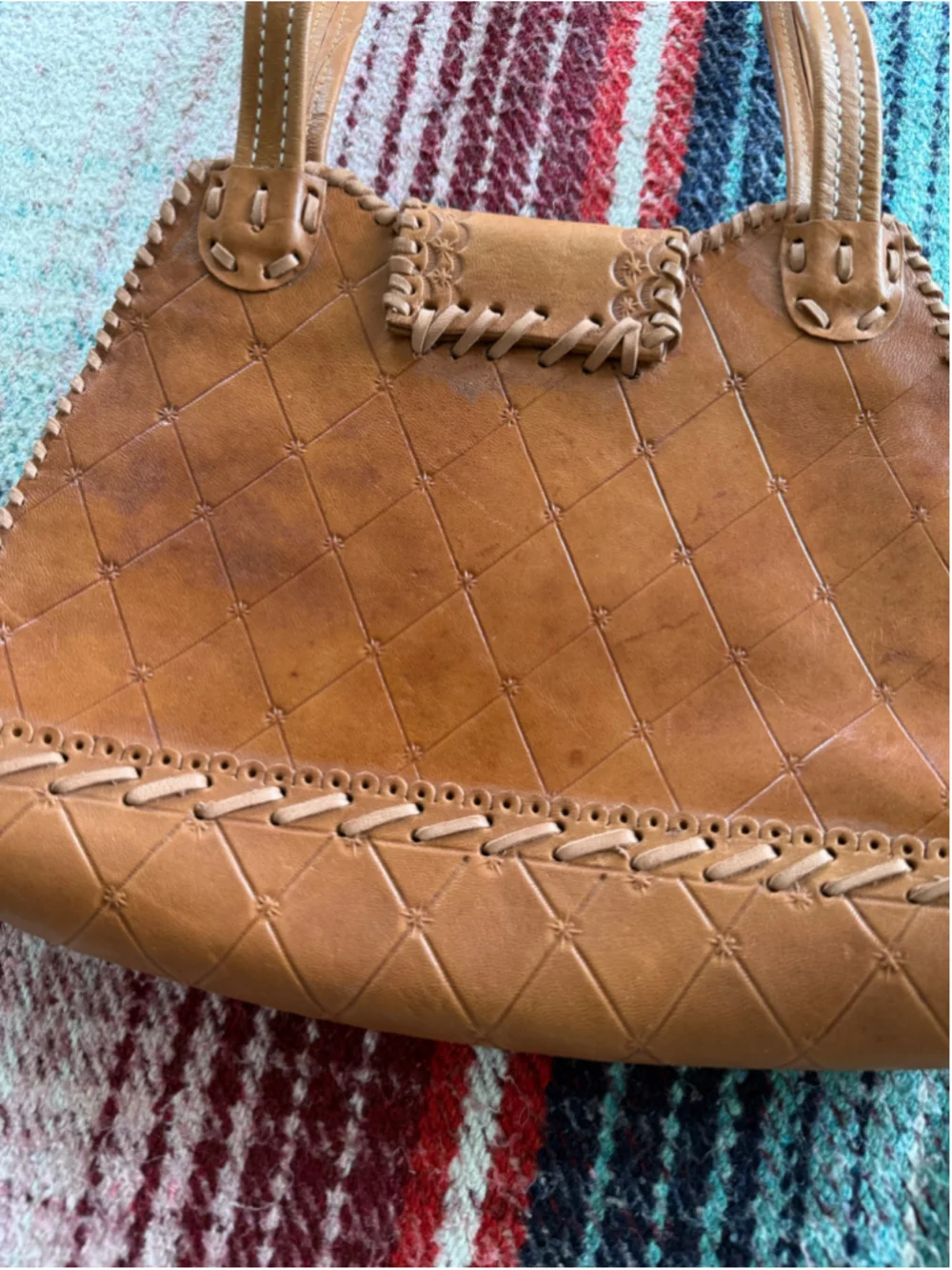 Vintage Caramel Brown Leather Flower Purse